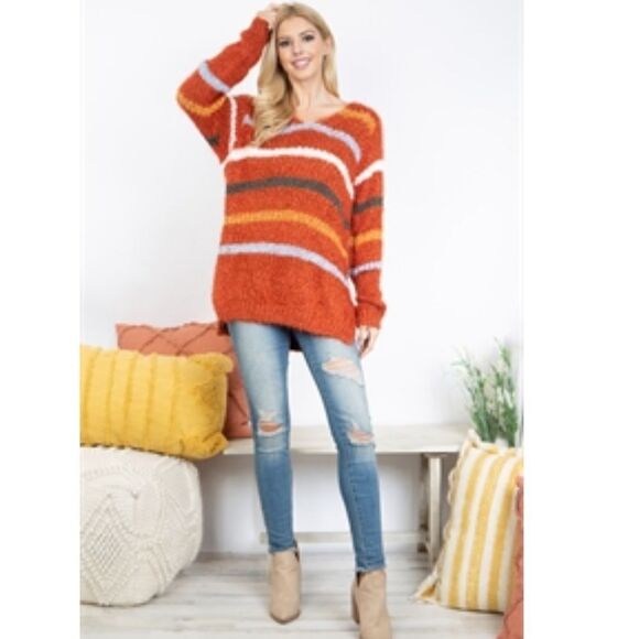 Macaron V Neck Long Striped Pulled Knit Sweater - Picture 8 of 8